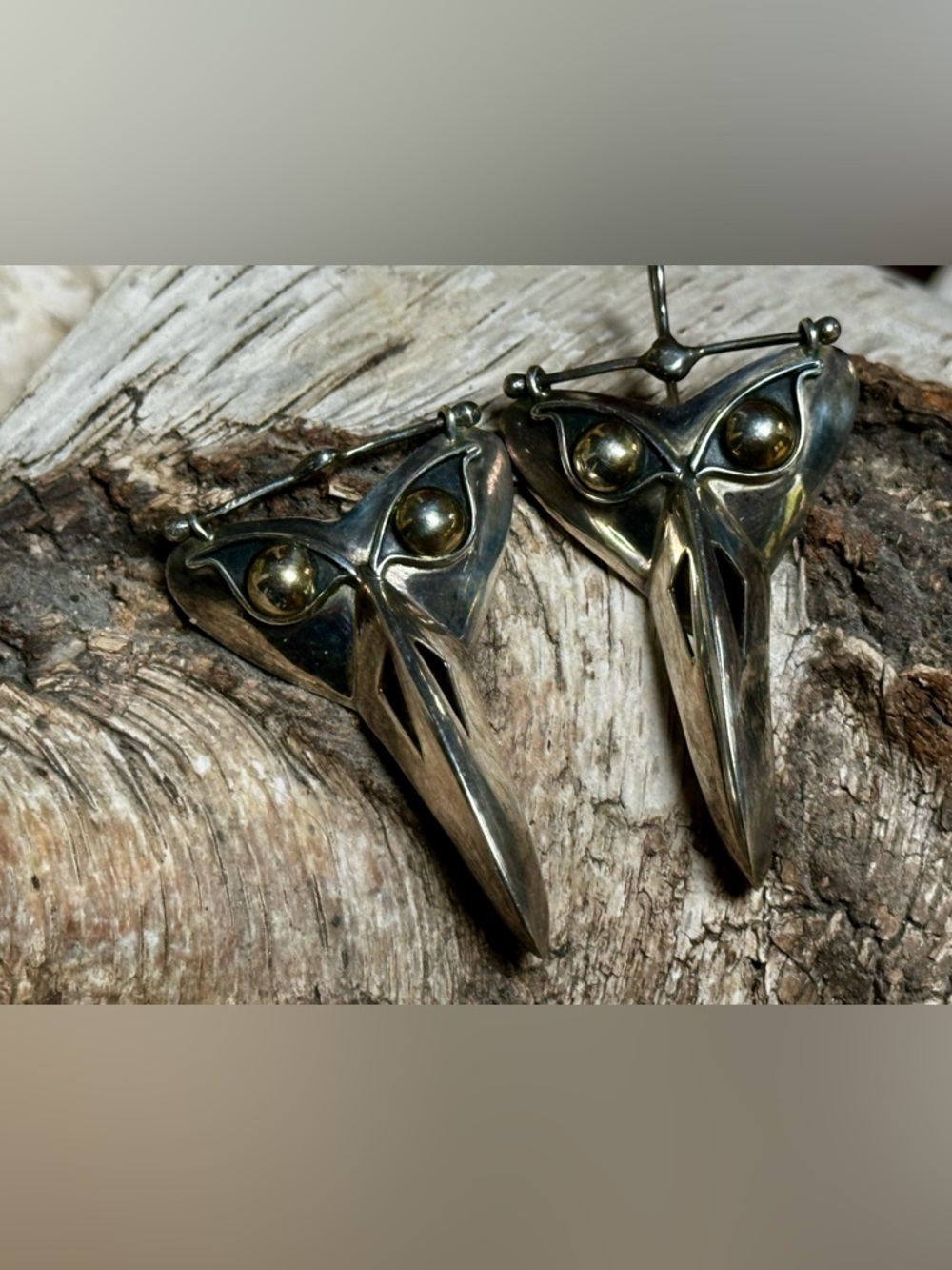 Sterling Silver Bird Mask Drop Earrings  with Brass Eye Accents